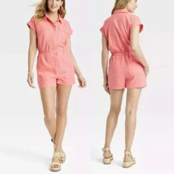 NWT Short Sleeve Linen Romper Coral Pink Women's 0 XS Shorts Universal Thread - Picture 3 of 11